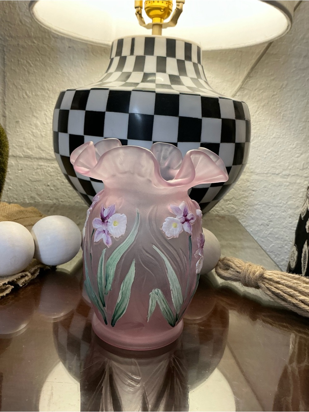 Fenton Pink Floral Hand-Painted Glass Vase